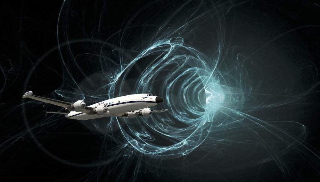 In the story, the Lockheed Constellation Santiago Flight 513 took off in 1954 and reappeared 35 years later.